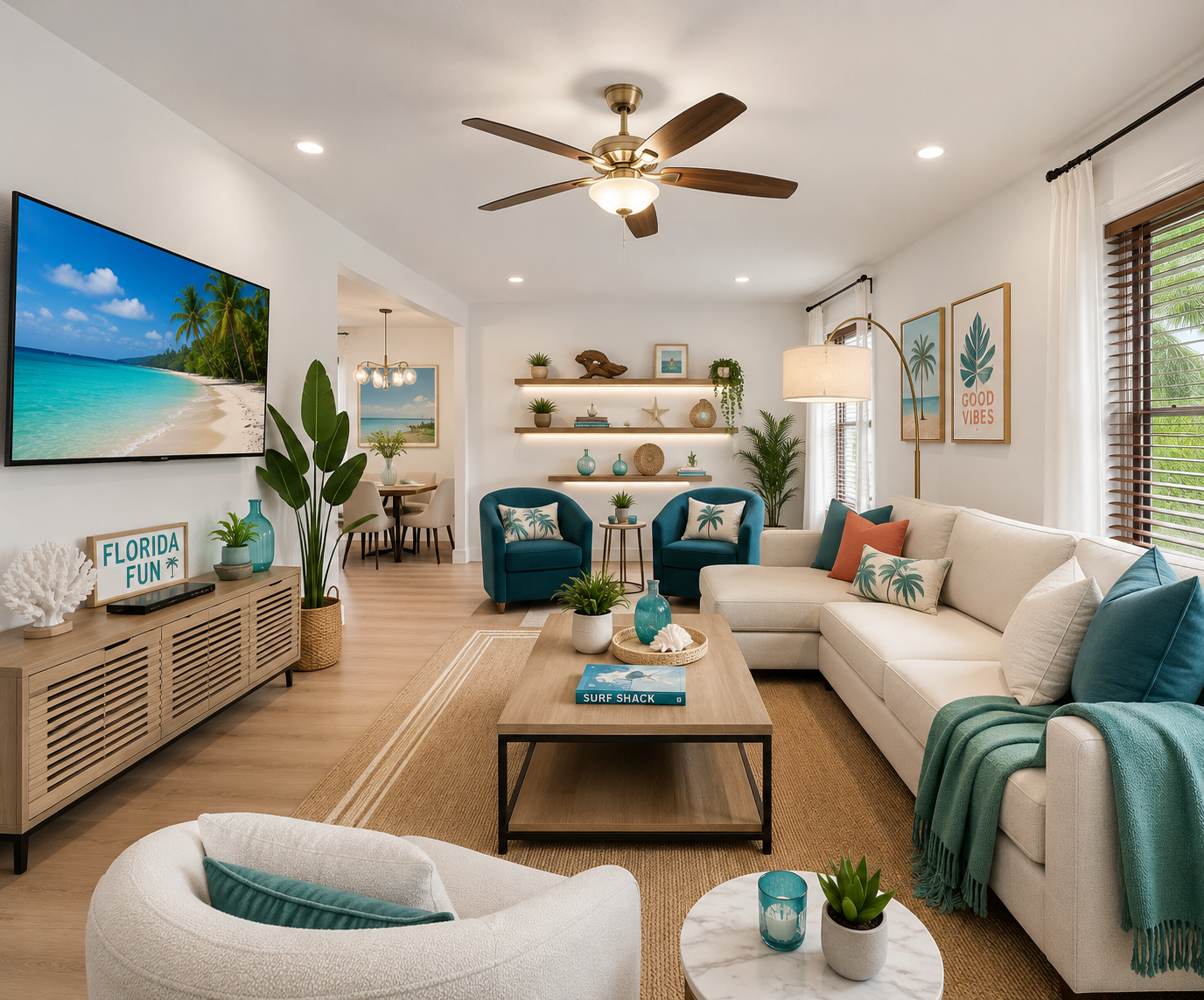 Bright coastal living room with Florida beach decor