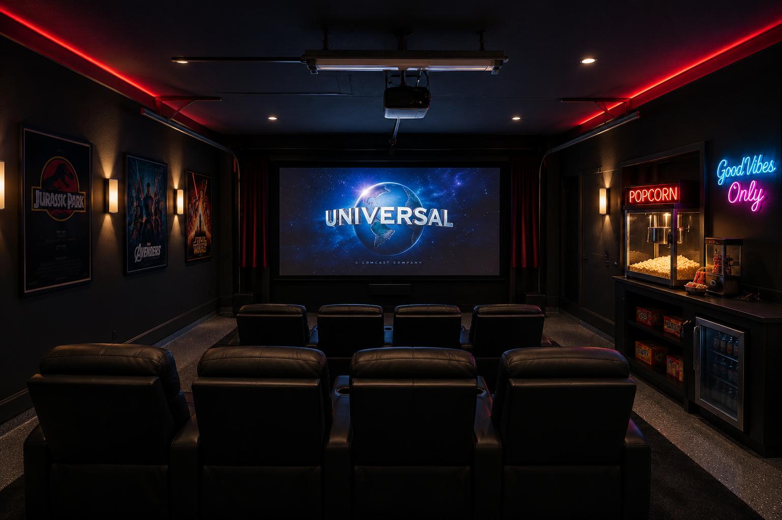 Private home theater with reclining seats